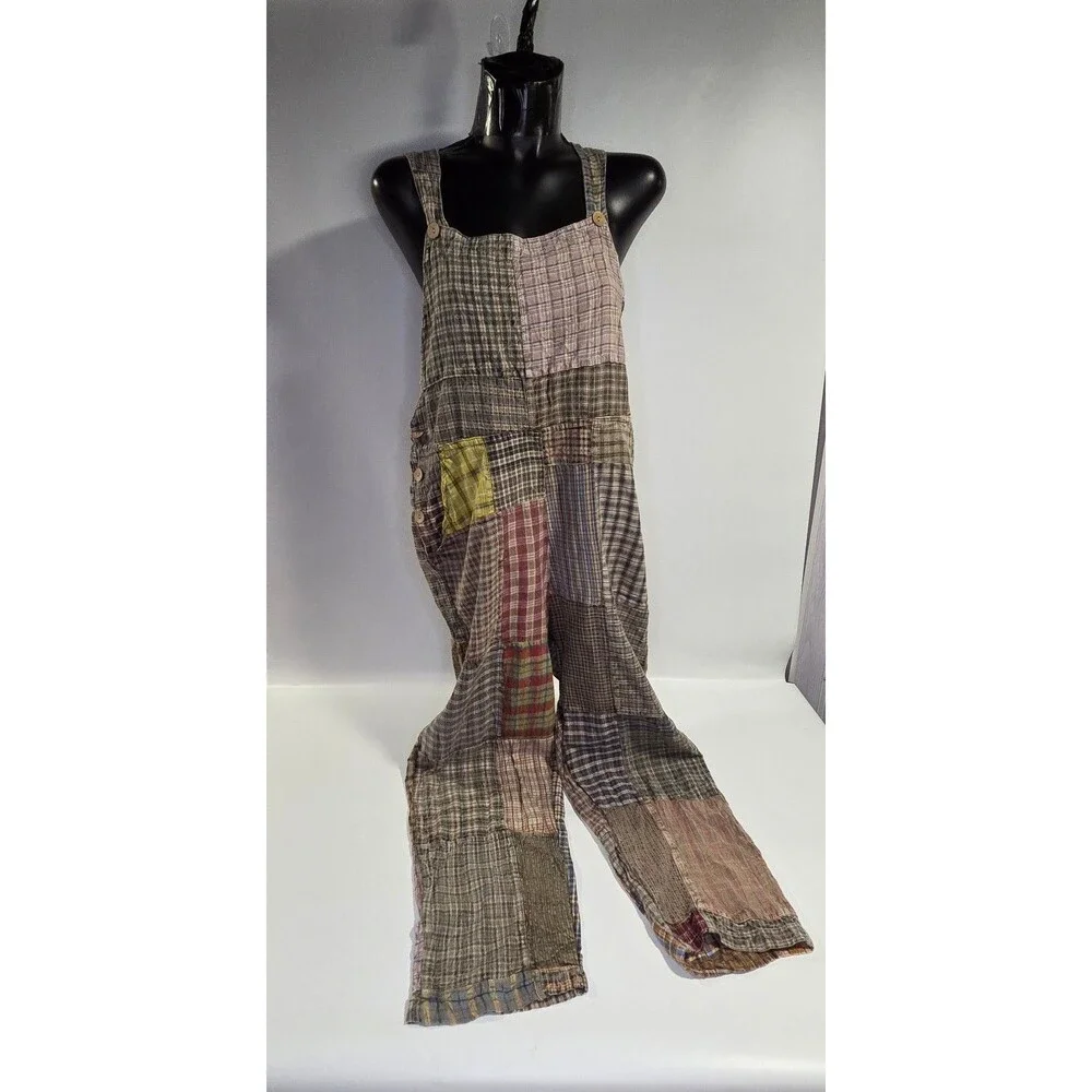 Patchwork Frankie Plaid Jumpsuit Overalls Women's Casual Pants Boho Festival M